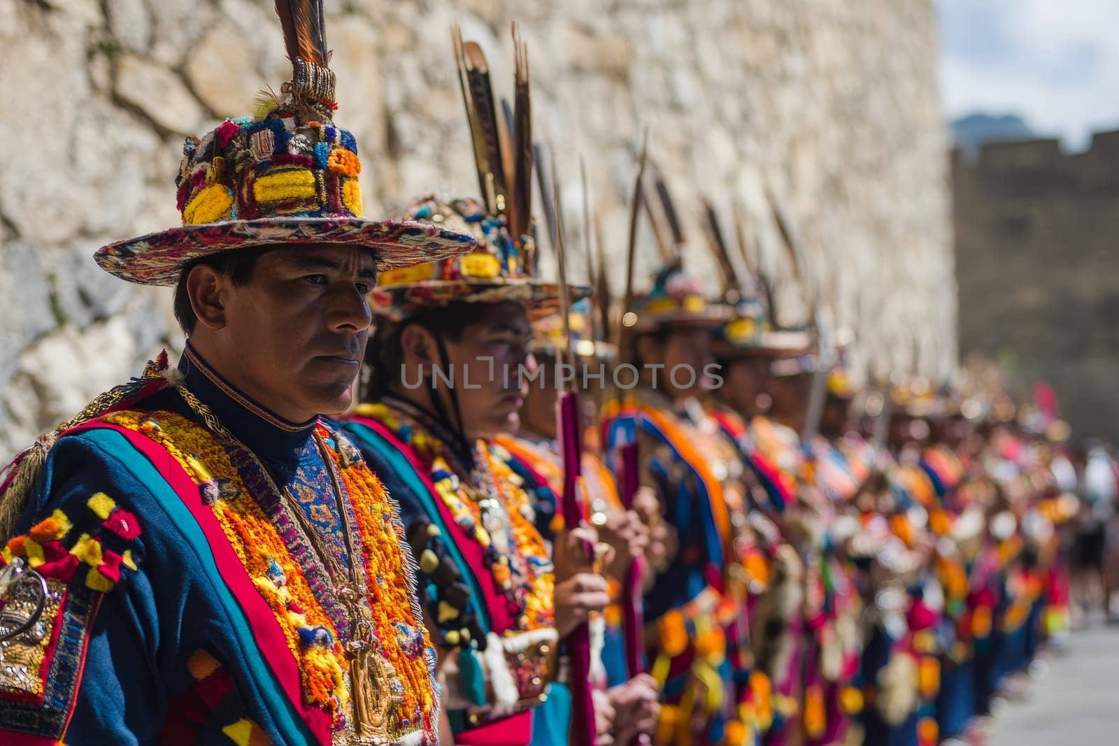 Line of men in ornate traditional Andean costumes with colorful hats and feathers performing at cultural festival.