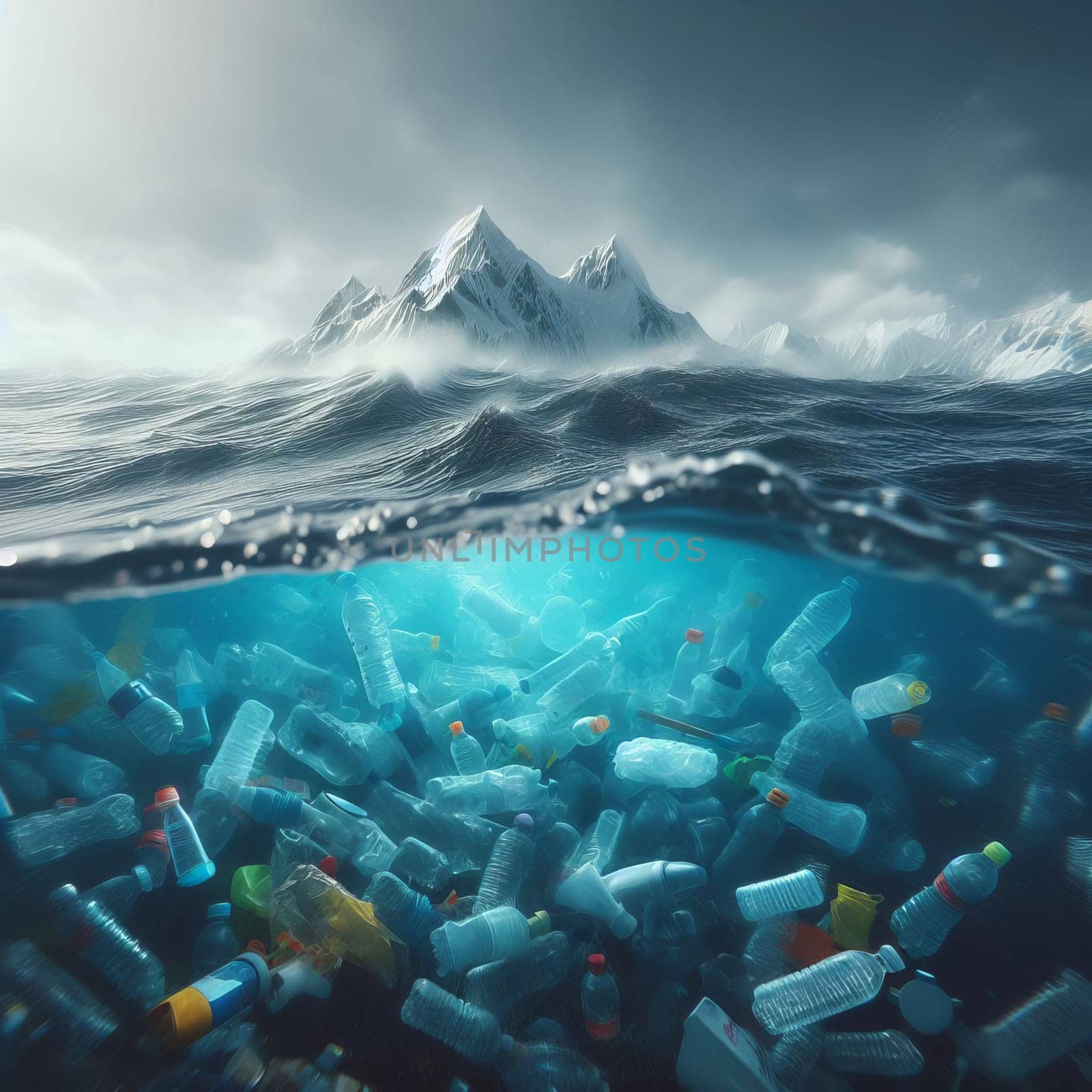 Split view of polluted ocean with plastic bottles underwater and pristine mountain peaks above, highlighting environmental impact and need for conservation