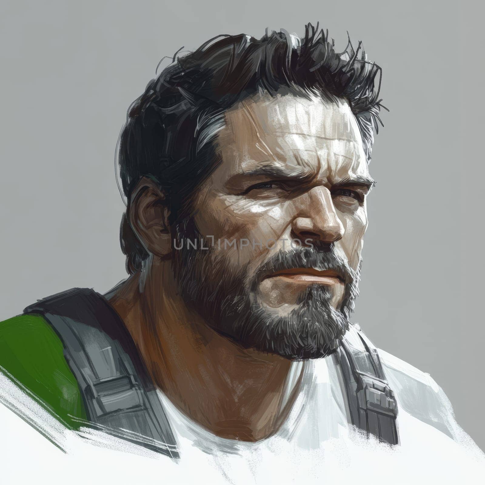 Digital painting of a bearded man with intense gaze, wearing green and white clothing.