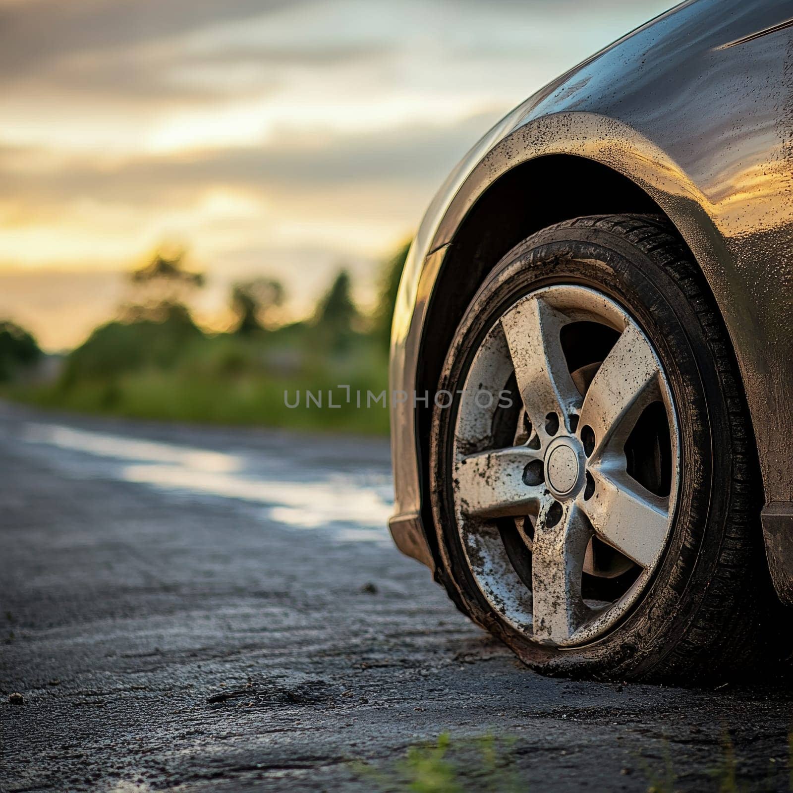 Close-up of a muddy car wheel on a wet road at sunset, with golden light reflecting off the vehicle's surface