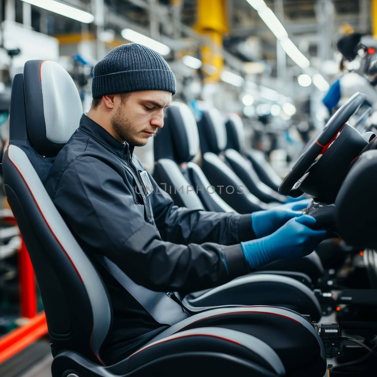 Worker in winter hat examining car interior on assembly line in modern factory