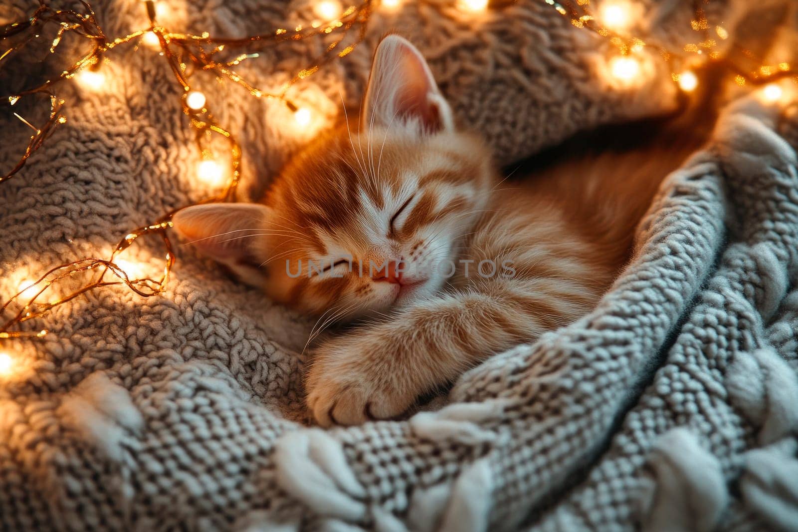 A cute kitten sleeping on elegant warm sweater with twinkling lights  adding warmth to the scene, Christmas theme. AI generated
