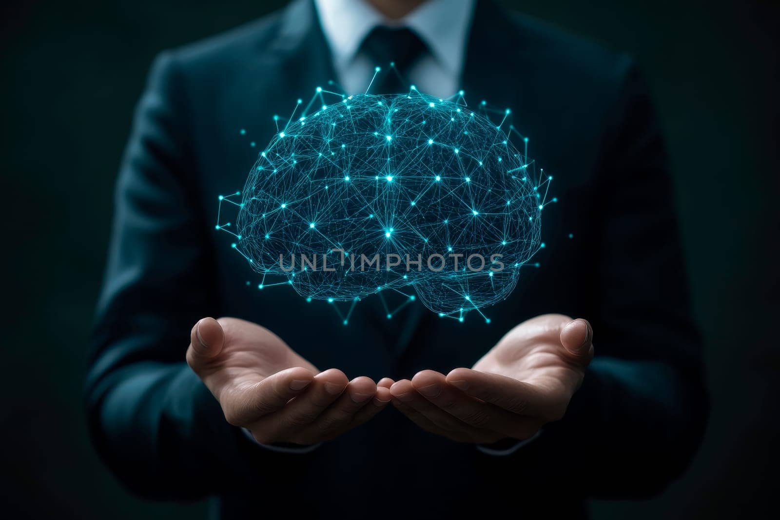 Close-up view photo of a businessman holding a digital brain with a hologram effect. Artificial intelligence, neurology, technology and future concept. AI generated