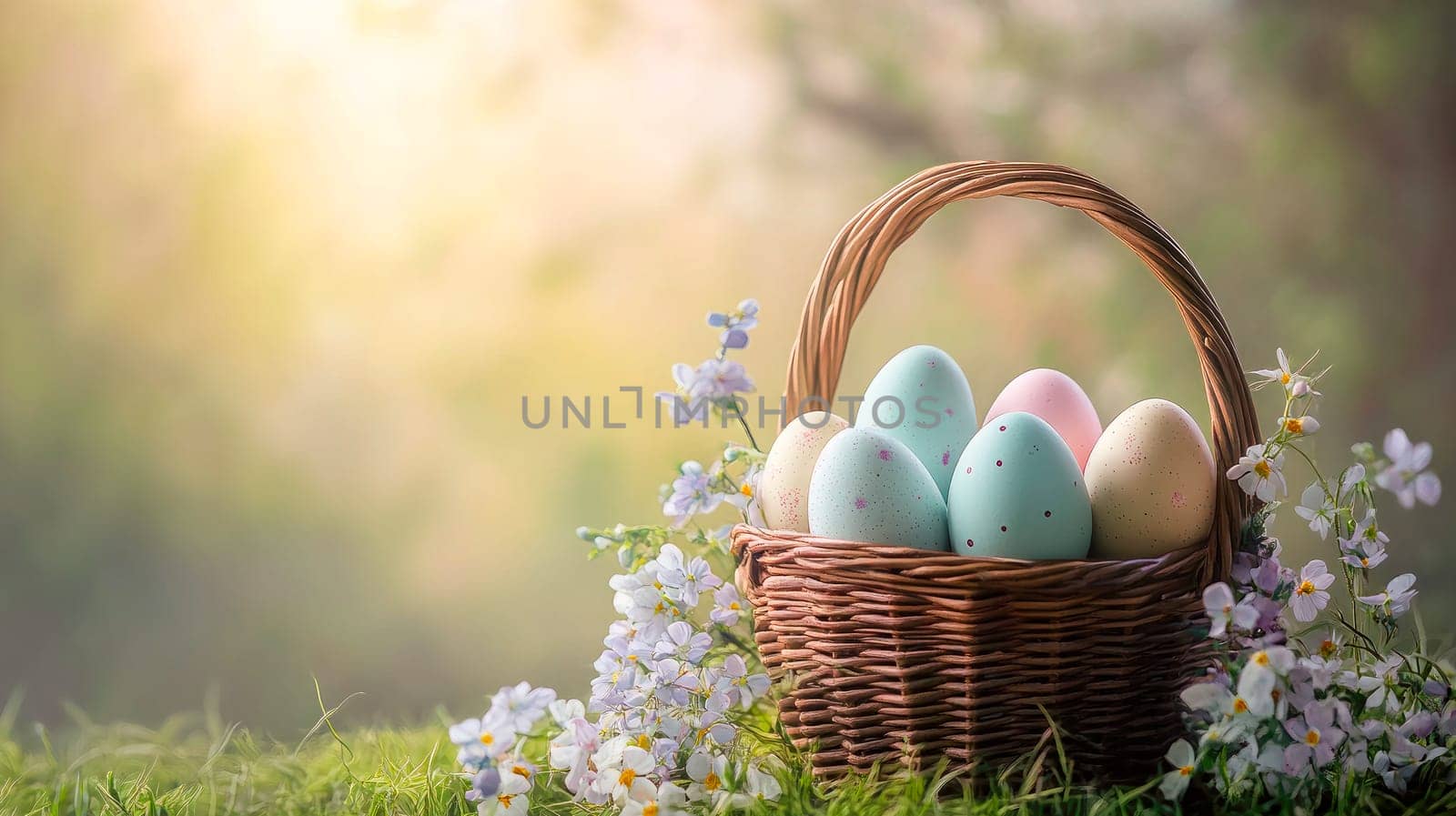 Pastel colored Easter eggs arranged in a decorative basket, surrounded by spring flowers. AI generated