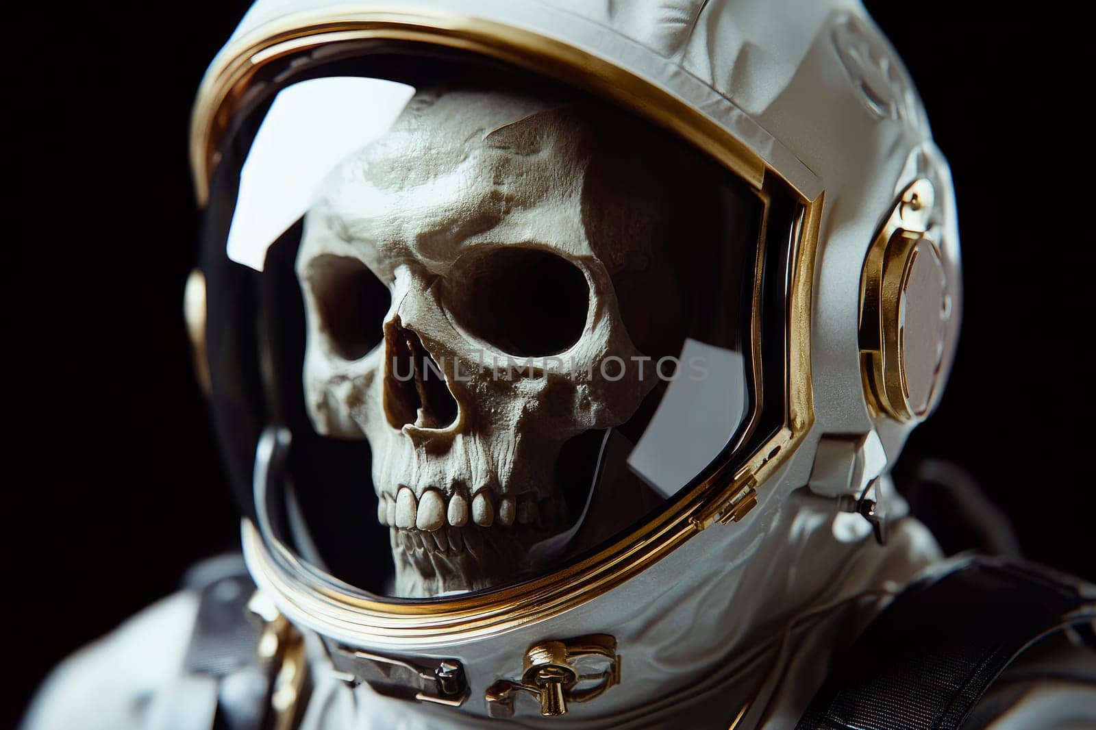 Skull inside astronaut helmet visor in outher space. Future space exploration concept, discovery of a new planet. AI generated
