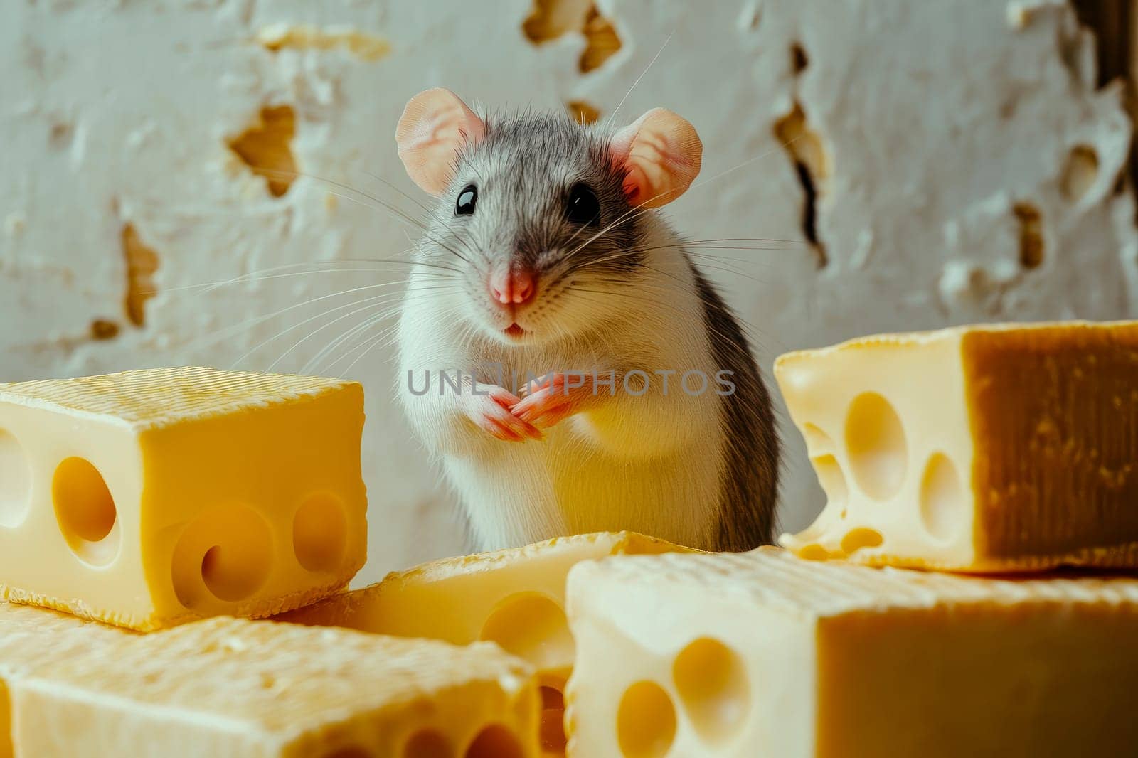 A cute little mouse with a pile of yellow cheese. AI generated