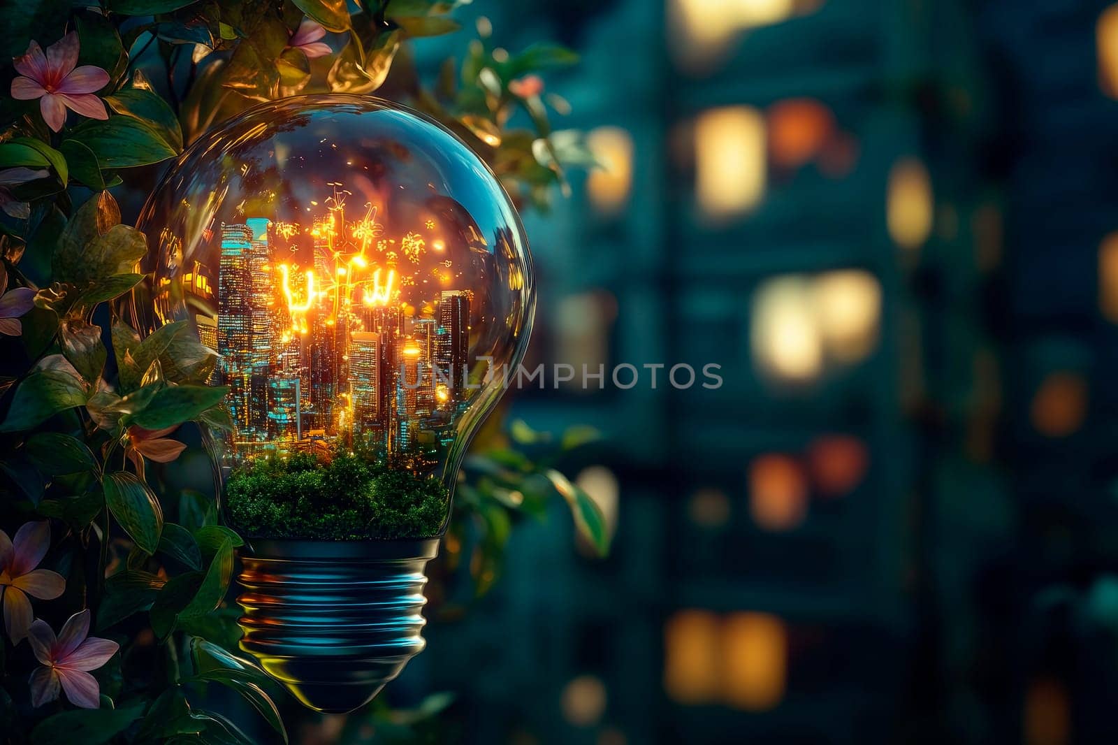 Electric light bulb and glowing night city inside it as symbol of green energy. AI generated
