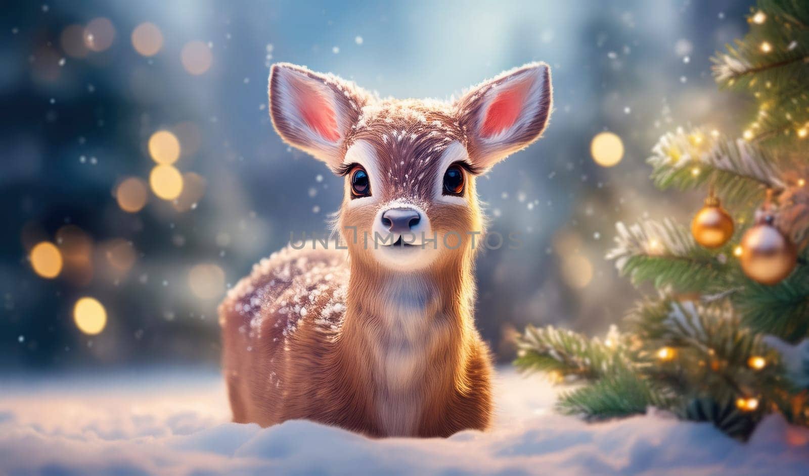 Cute reindeer fawn playing outdoors in the snow next to Christmas tree. Playful deer kid having fun outdoors. Winter holidays seasonal background