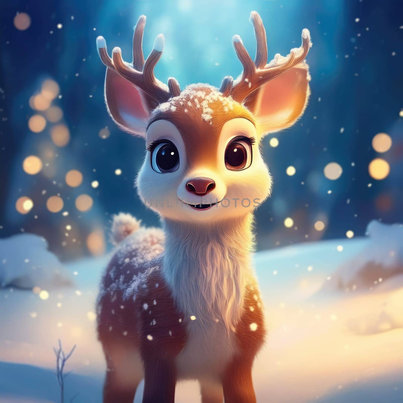 Cute fawn playing in the snow outdoors. Playful reindeer kid winter seasonal background