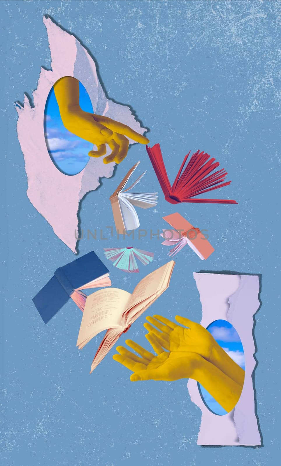 Human hand and open books over abstract background. Contemporary art collage. Concept of education, reading, knowledge. Design