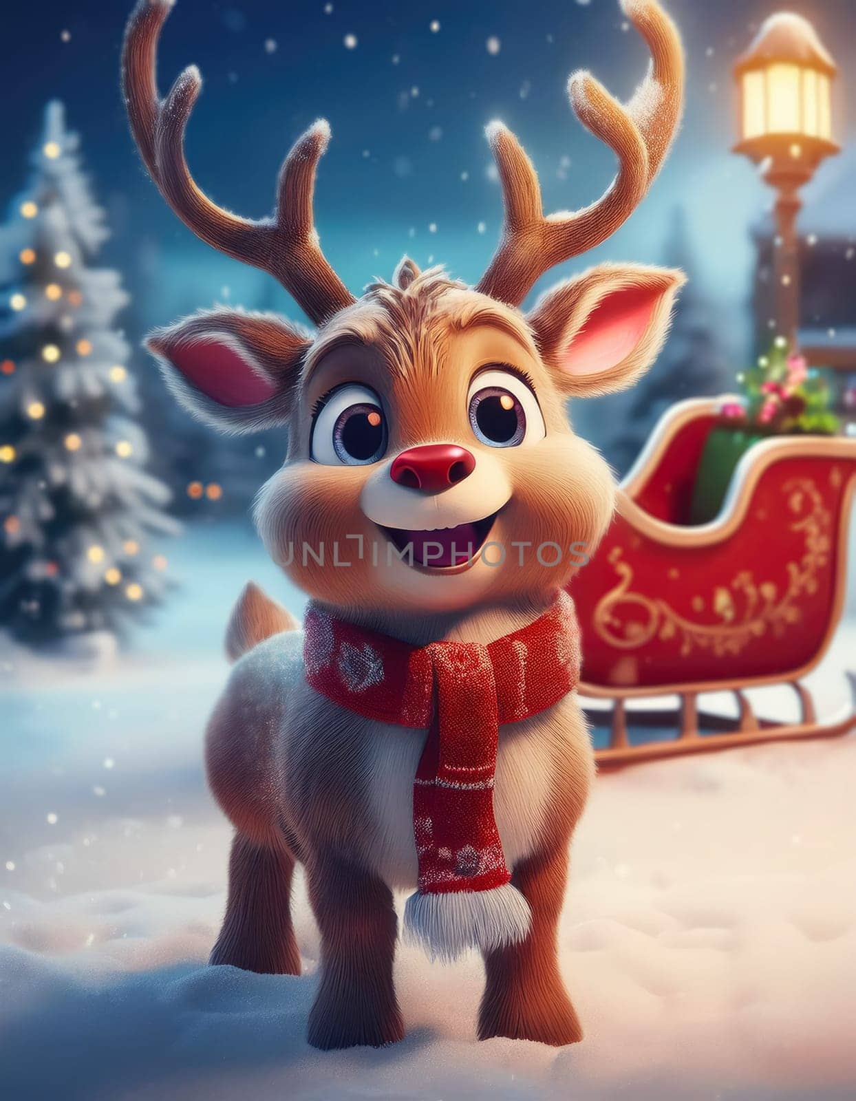 Rudolph the red nose reindeer cartoon character wearing scarf. Cute and funny winter deer plays excited in the snow next to Santa sleigh and Christmas tree in the Eve night