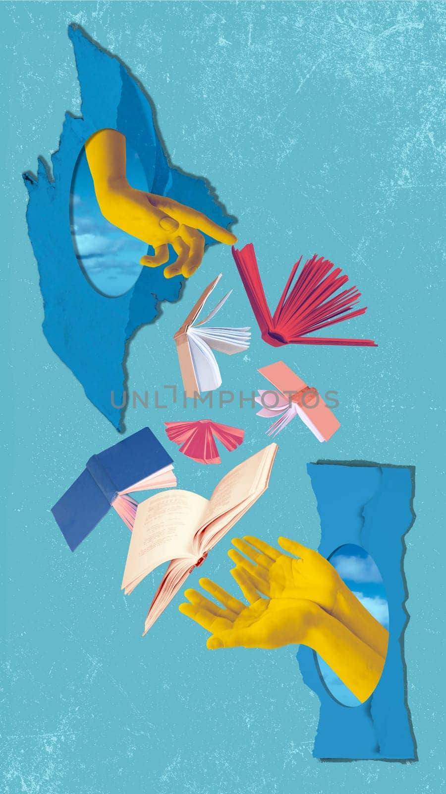 Human hand and open books over abstract background. Contemporary art collage. Concept of education, reading, knowledge. Design