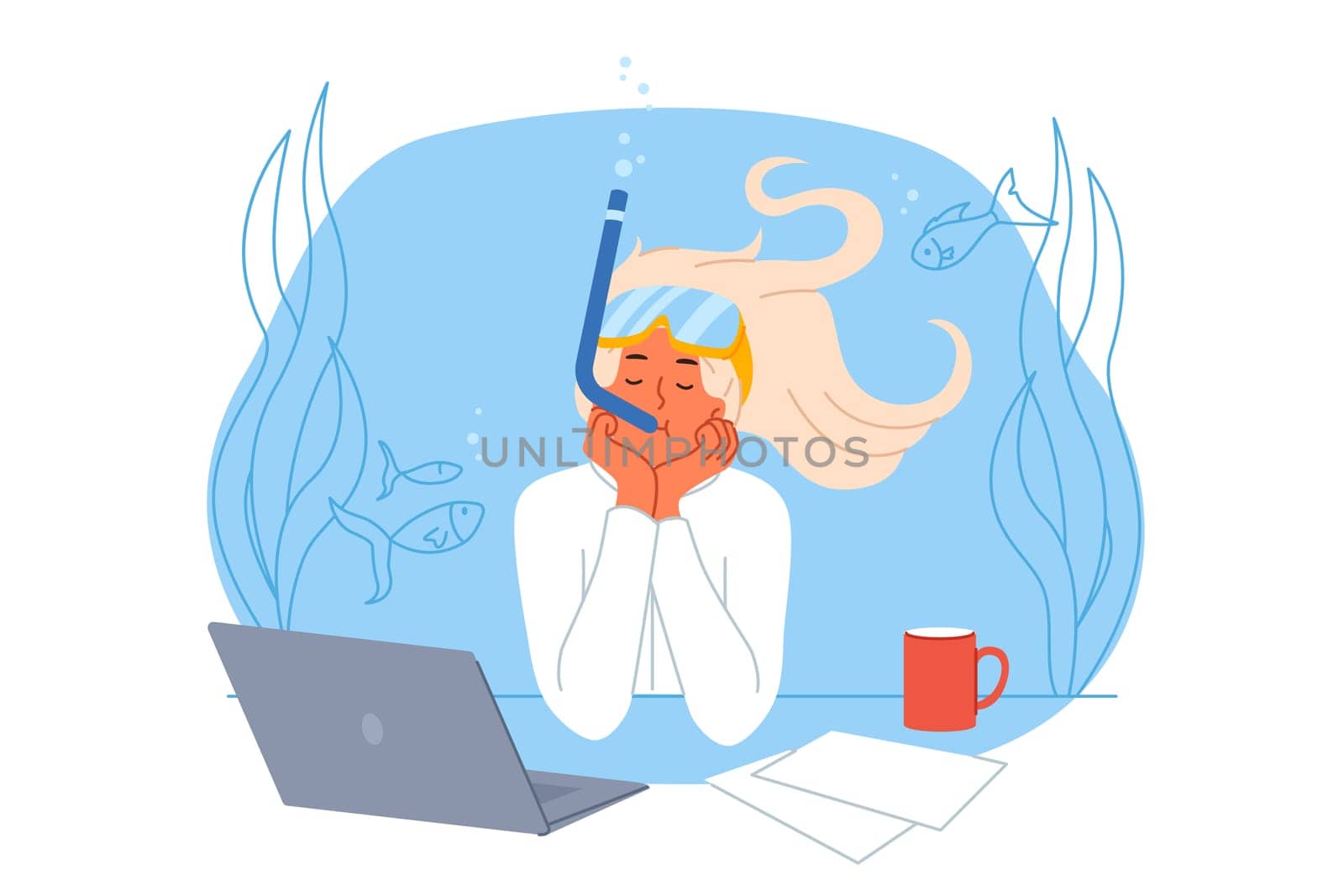 Business woman dreams of diving and opportunity to swim underwater among fish, sitting at desk with computer. Girl office clerk fantasizes about going on summer vacation to ocean coast for diving