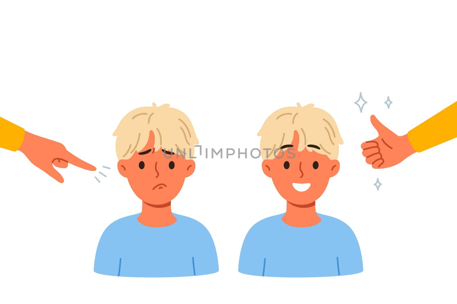 Different approaches to raising child, and use of praise or blame in form of gestures. Process of raising boy who loves positive attitude and gets upset because of reproaches that violate child psyche
