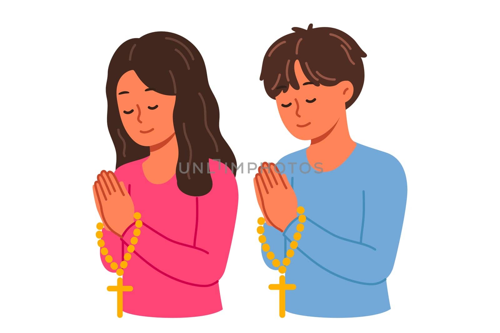 Christian children pray holding rosary with religious crosses and turning to god. Christian boy and girl from elementary school, demonstrating peace and humility before lord from bible