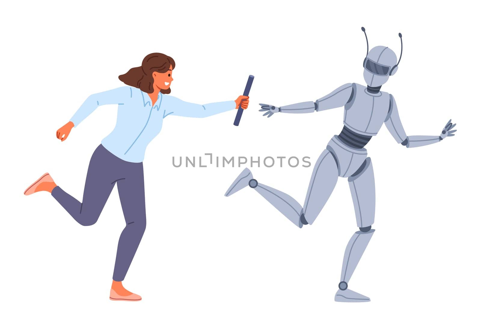 Collaboration human and robot working together towards goal to achieve success in business. Female manager uses robot with artificial intelligence to increase efficiency of own work.