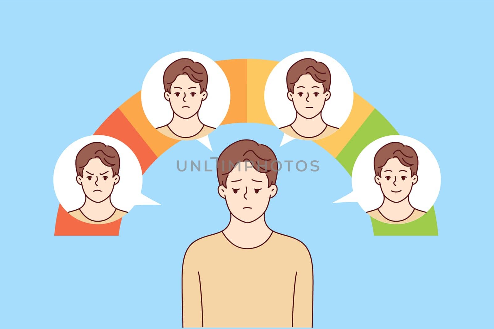 Young man with impostor syndrome feels drop in mood when standing near emotion scale.