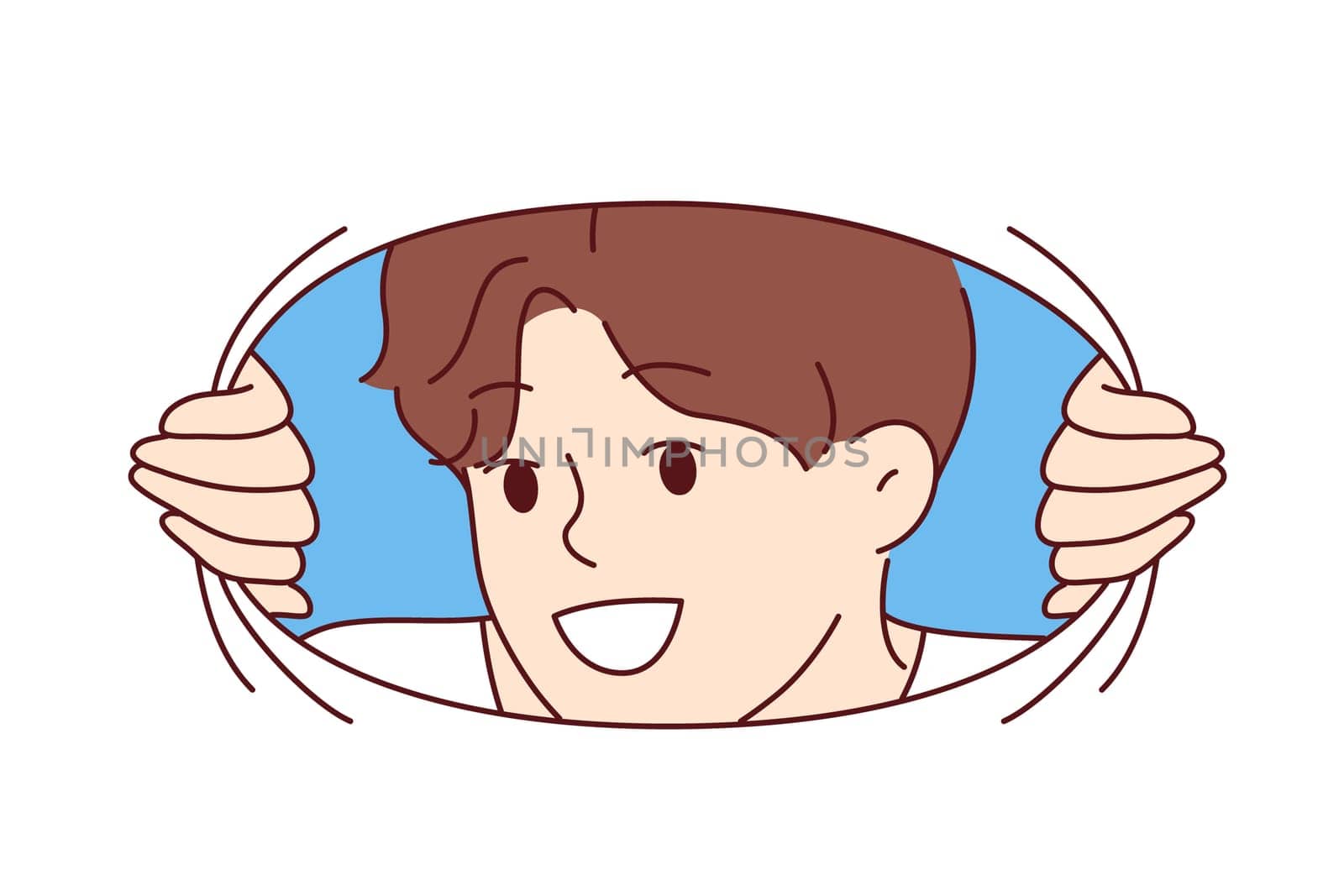 Smiling man looks at screen through hole in material, sharing positivity and good mood with you. Curious smiling guy spies on competitors or colleagues discussing confidential information