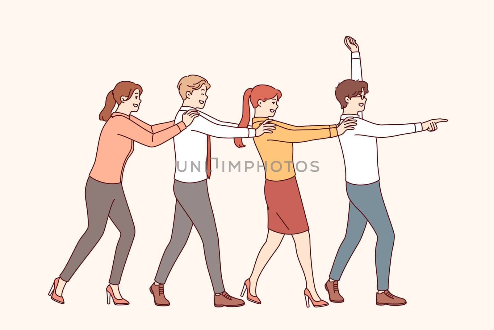 Team building for business people performing dance together holding shoulders and pretending to be train. Team building strengthens friendship between office employees and increases trust
