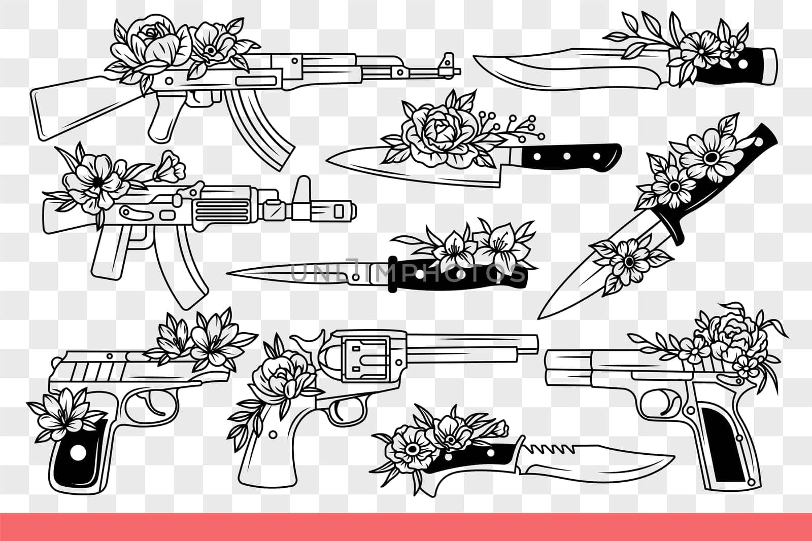 Firearms and bladed weapons for soldiers using pistols and knives or rifles. Automatic rifles with daggers are decorated with spring flowers and are intended for self-defense. Hand drawn doodle