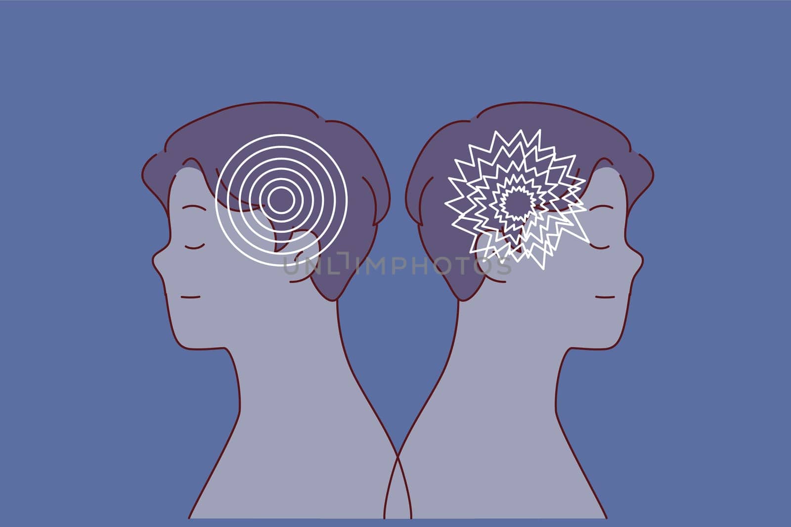 Comparison of men with healthy psychological state and bipolar disorder causing brain damage. Psychological differences normal and sick patients with symptoms of schizophrenia and cognitive impairment