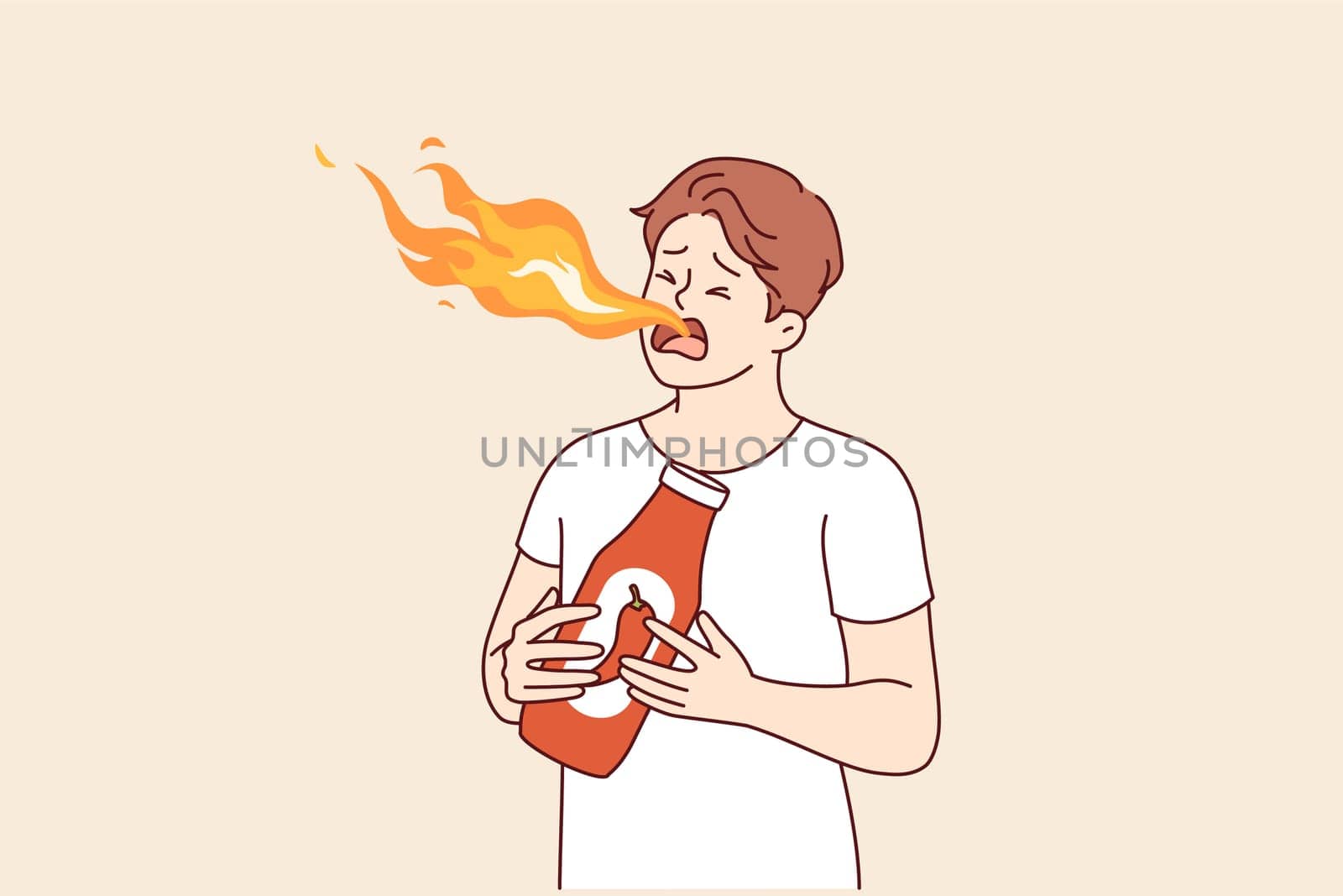 Hot sauce with chili pepper or tabasco was tasted by man who was breathing fire from mouth. Guy eats spicy hot sauce or ketchup, enjoying sizzling spices for gourmets love thrills.