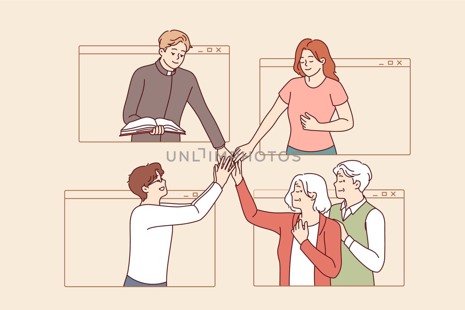 Online prayer of priest and people of different ages using video communication for christian church services. Faithful catholics and orthodox christians attend digital conference for prayer