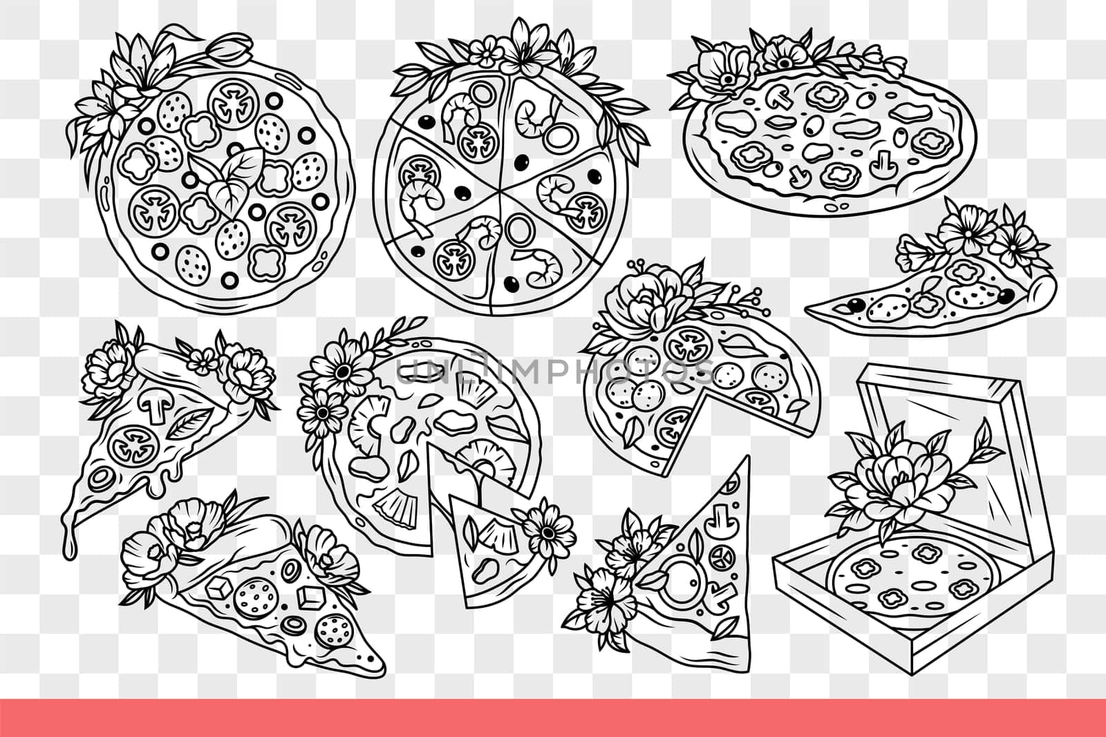 Pizza in process of preparation and delivery, near chef and ingredients for recipe. Male courier holds boxes of pizza in hands or bakes dough in stone oven with fire. Hand drawn doodle