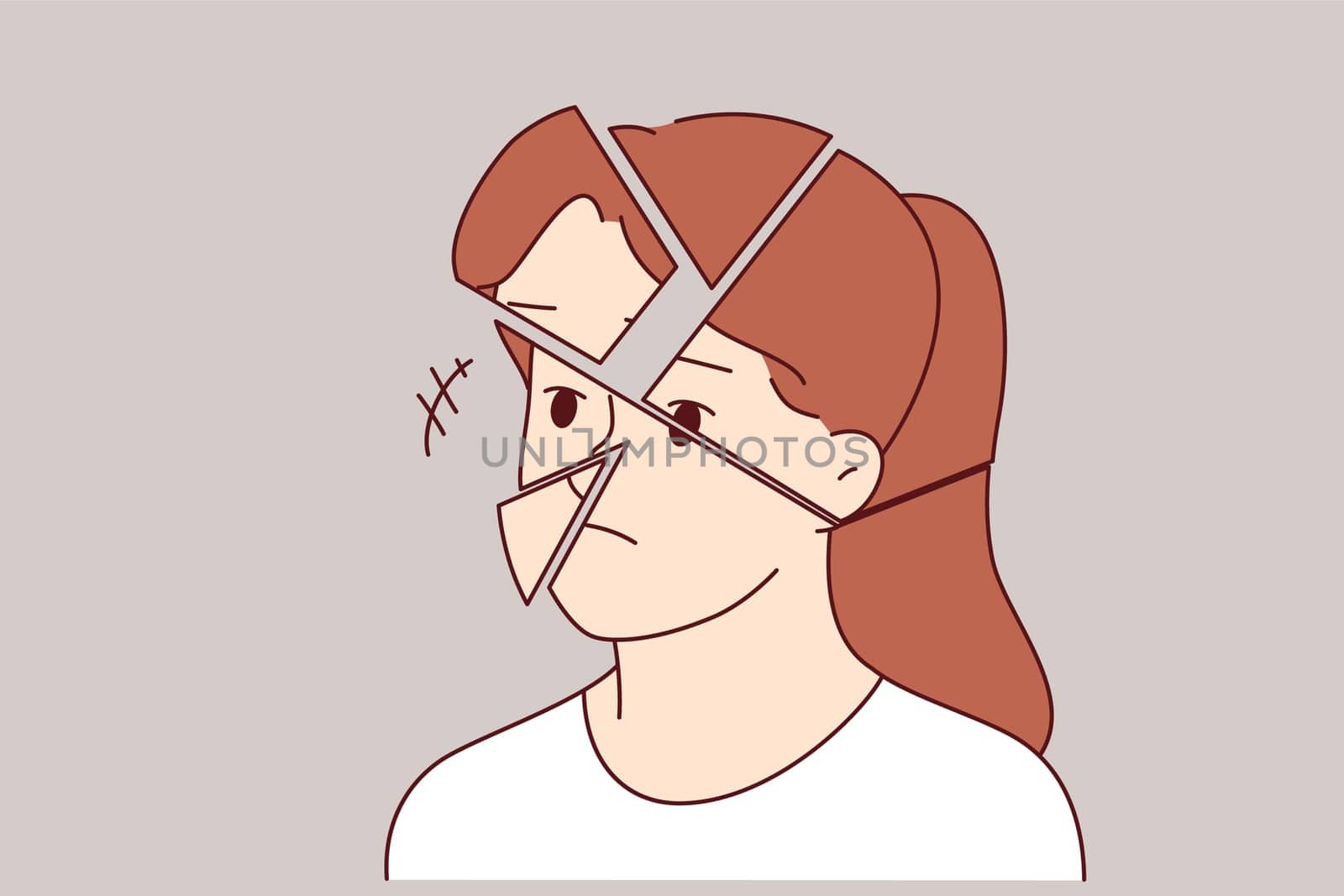 Destruction of woman personality and face is caused by impaired psychological health and mental burnout. Upset girl needs antidepressants to restore damaged personality and eliminate disorder