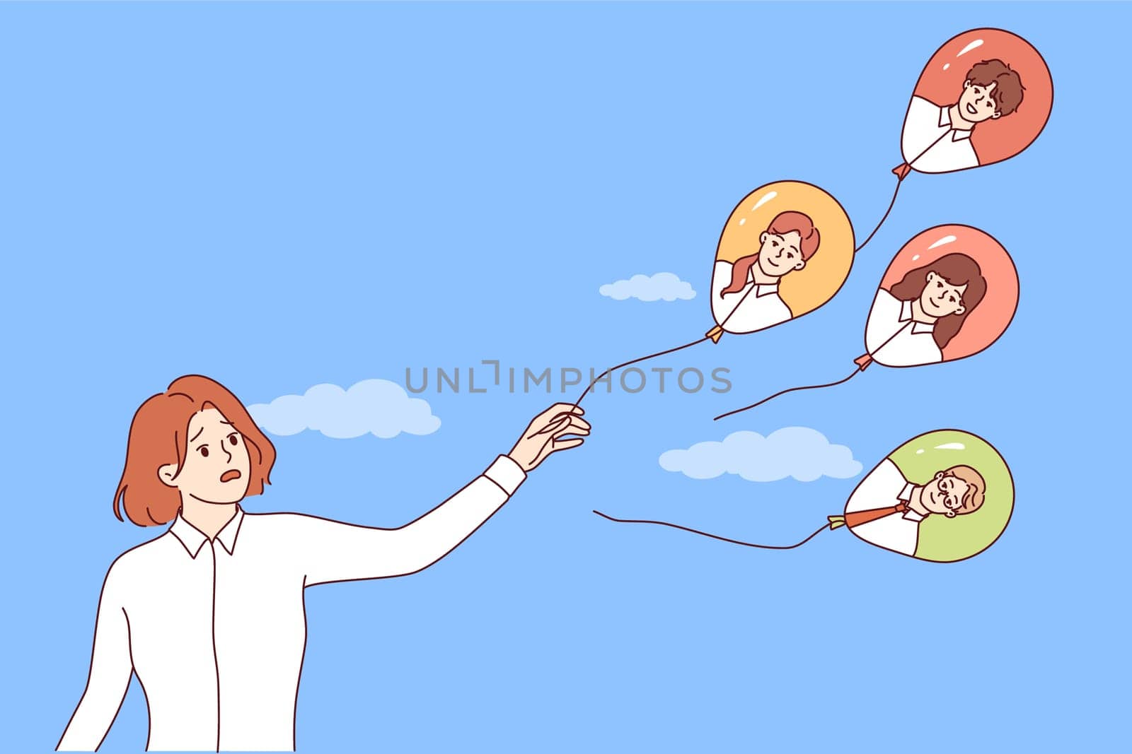 Inexperienced business woman misses out on good employees drawn on balloons. Concept of problem of losing employees after bad decisions by businesswoman working as recruiting manager