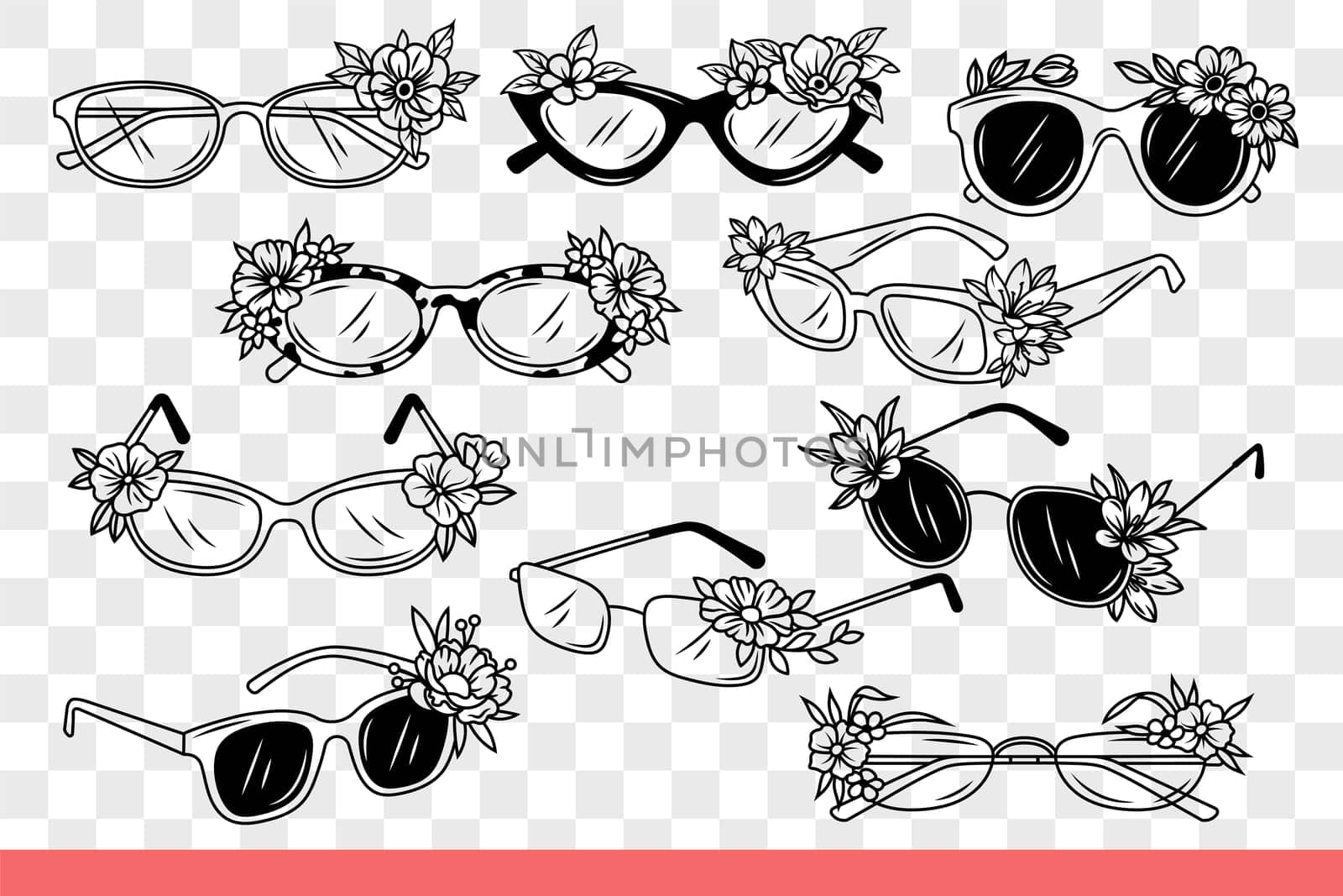 Glasses to improve vision and sunglasses from ophthalmology store that produces lenses. Assortment of glasses decorated with flowers, for fashionable people who want to change image. Hand drawn doodle