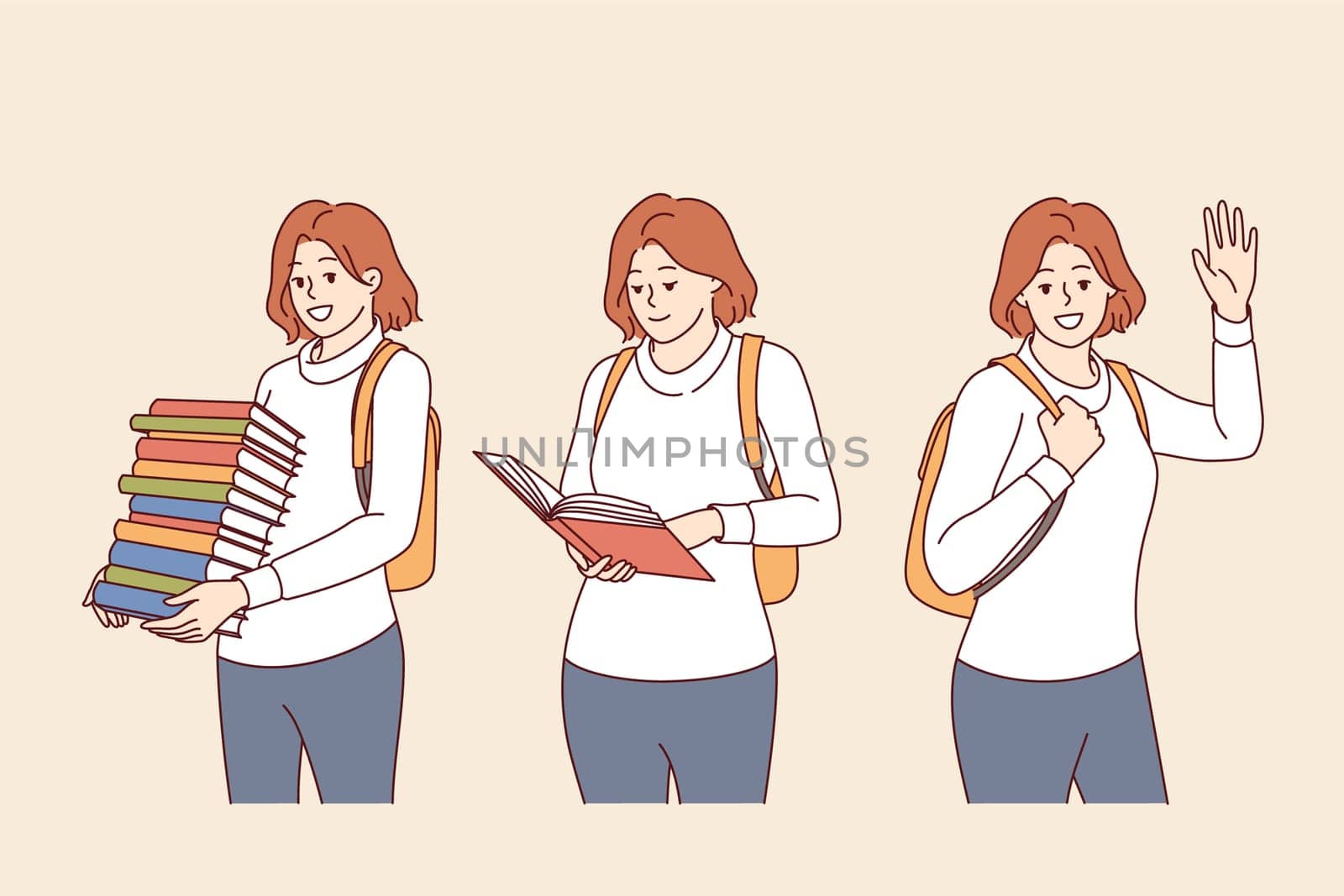 Woman student with stack of books and backpack behind is ready to gain new knowledge from literature. Girl student from high school loves to read and get self-education to improve intelligence