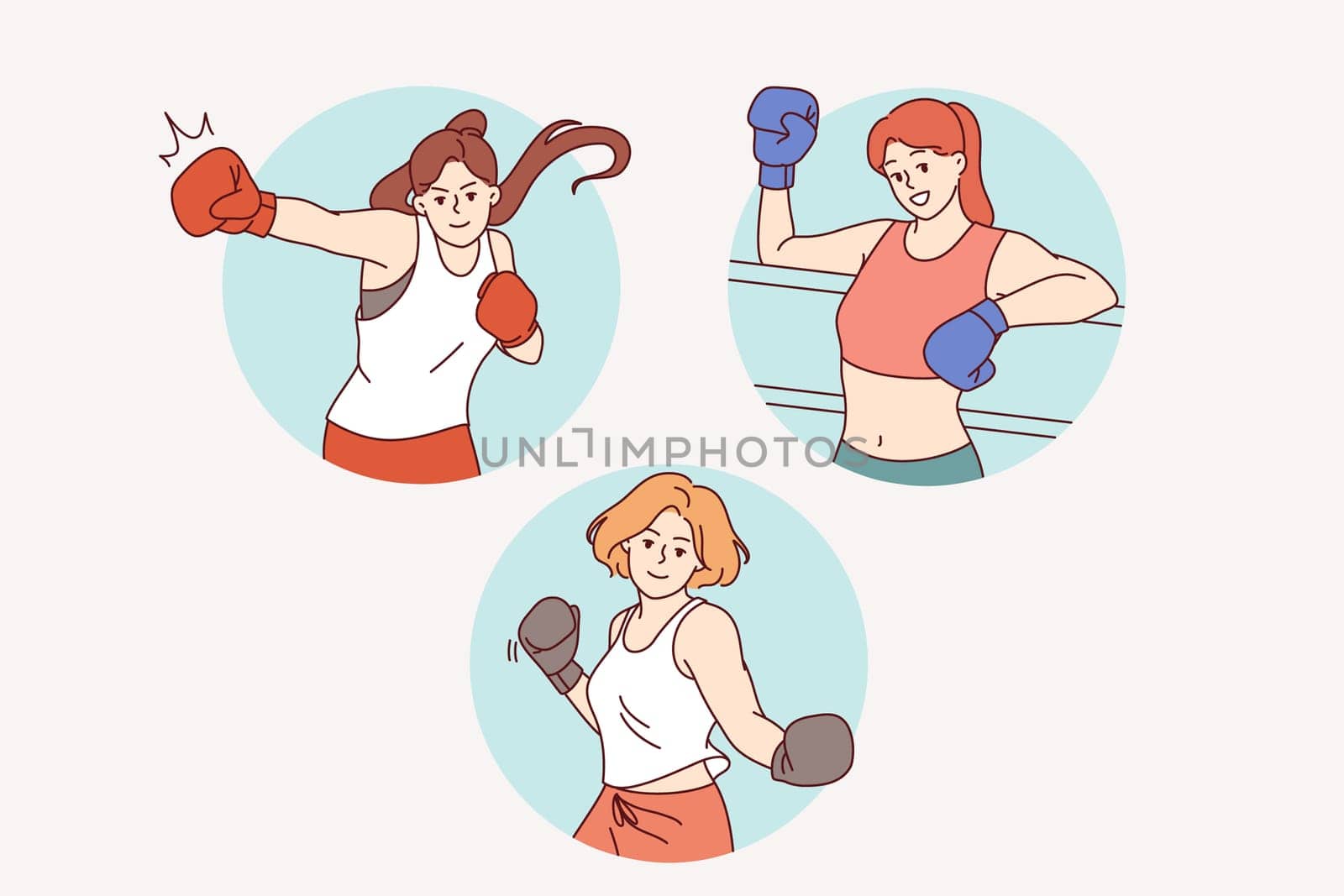 Woman boxer demonstrates ability to fight in ring and defend herself from opponents attacks. Girl boxer is engaged in professional sports and trains to defeat rivals at international tournament