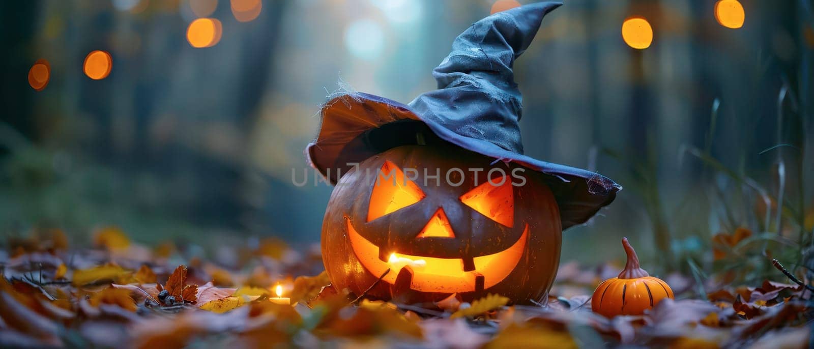 A carved pumpkin wearing a witch hat sits on fallen leaves, glowing warmly as dusk settles in a forest filled with softly lit background.