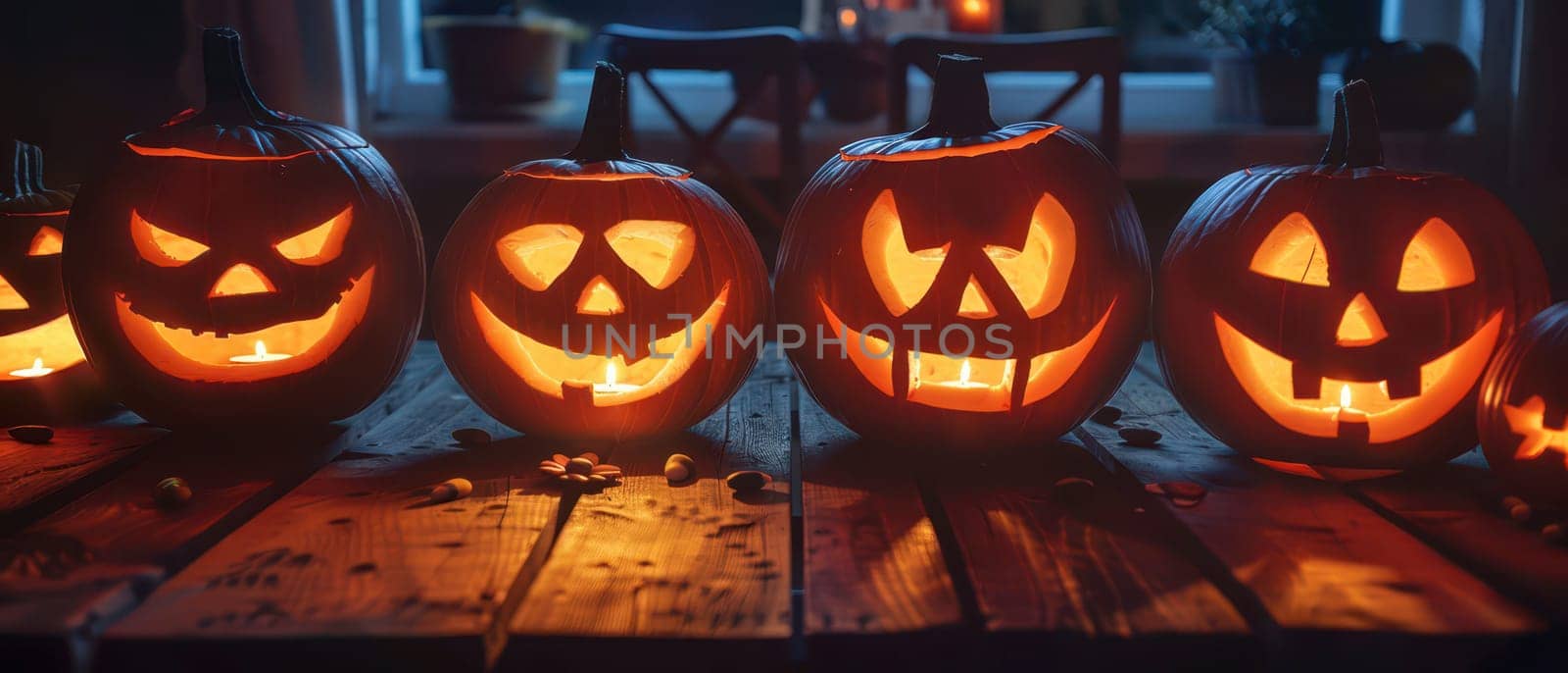 Carved pumpkins with glowing faces are arranged on a wooden table in a cozy, dimly lit room, creating a festive Halloween atmosphere.