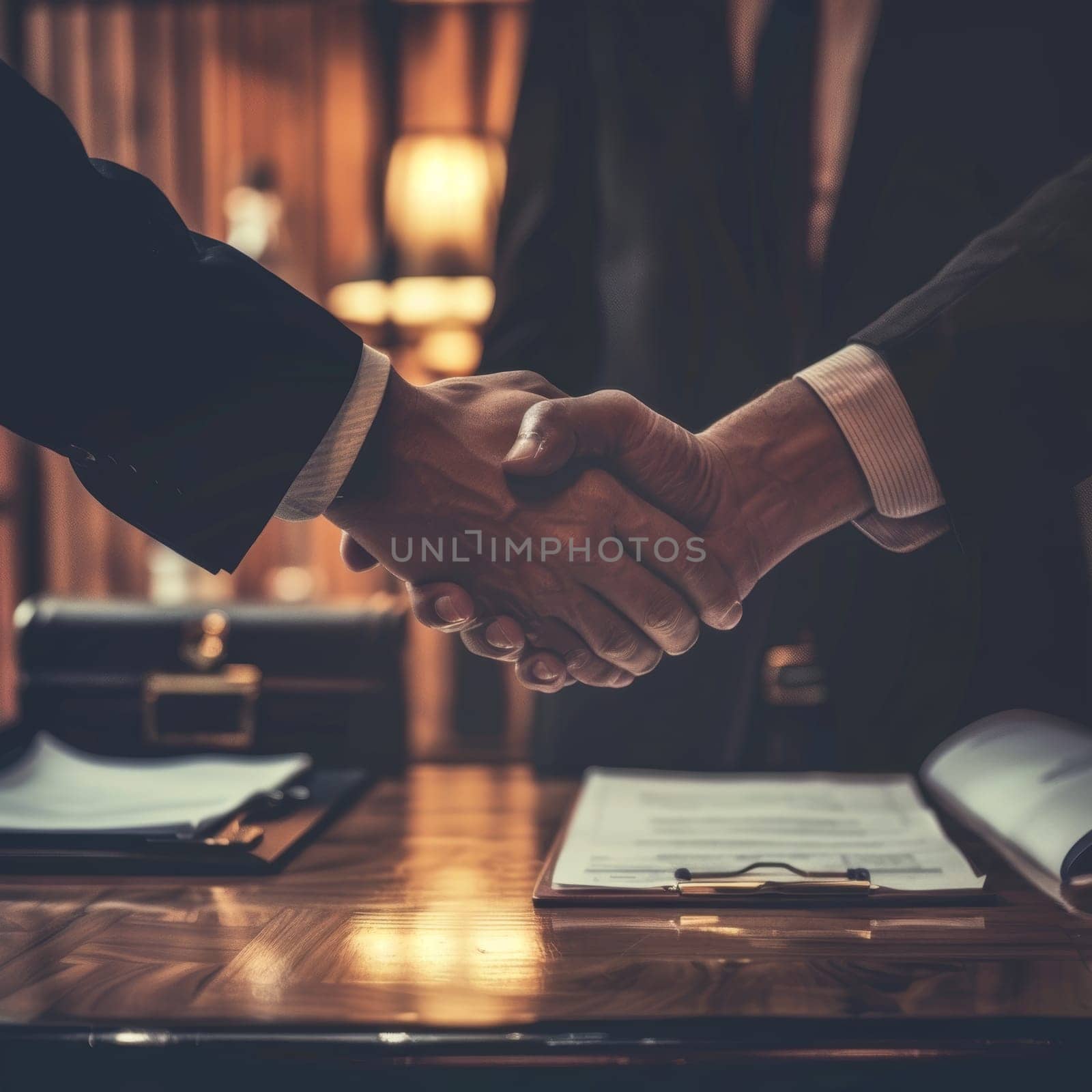 Close-up of business handshake over signed contract in dimly lit office