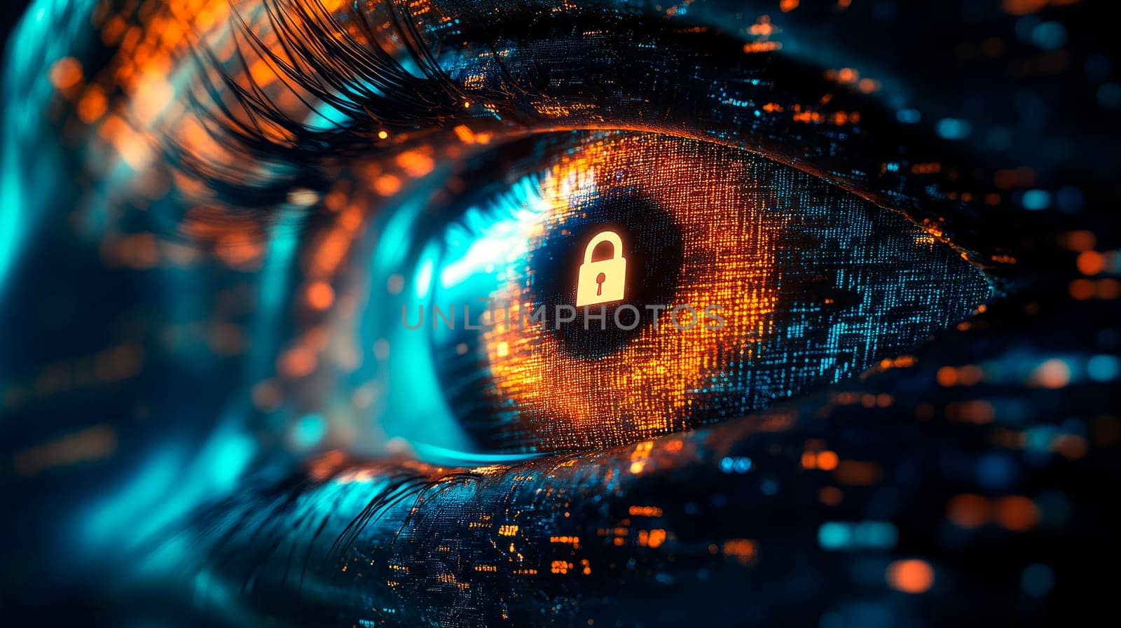 An eye with tiny lines of code and data nodes, with a glowing lock at the center of the pupil, symbolizing the importance of security in the digital world.  AI generated