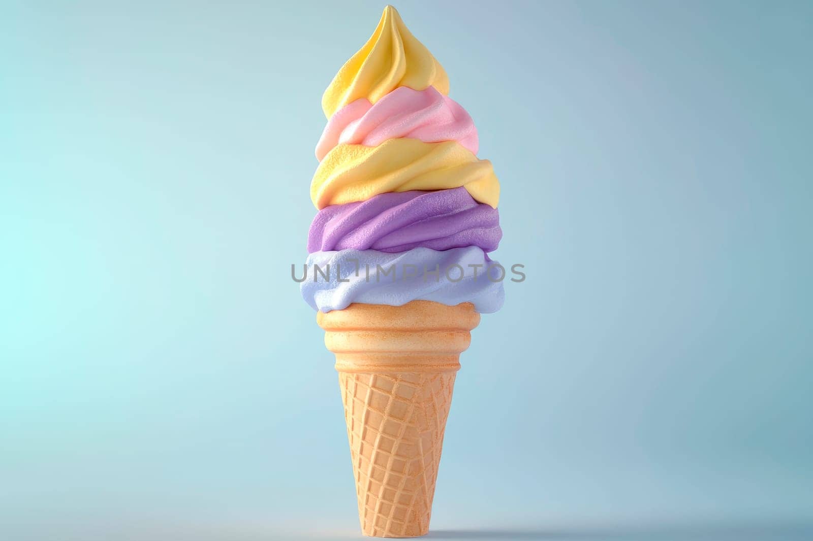 A wafer cone with different layers of colors ice cream. AI generated