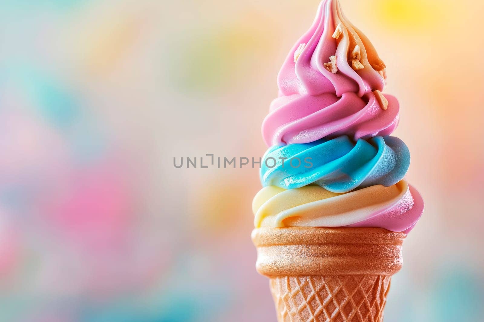 A wafer cone with different layers of colors ice cream, close-up view. AI generated