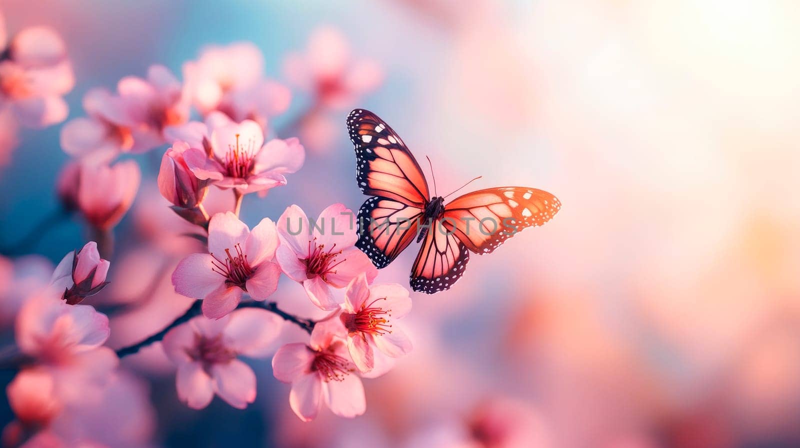 A peaceful spring landscape with pink sakura flowers in full bloom and beautiful butterfly, serene and delicate beauty of the natural world. AI generated