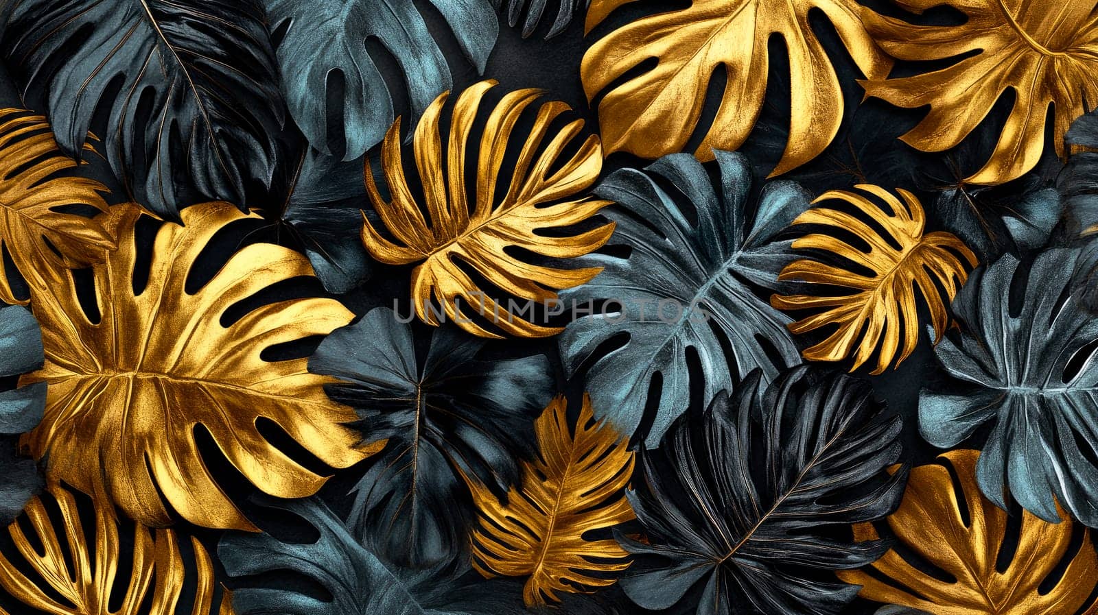 A beautiful background with gold foil tropical leaves. AI generated
