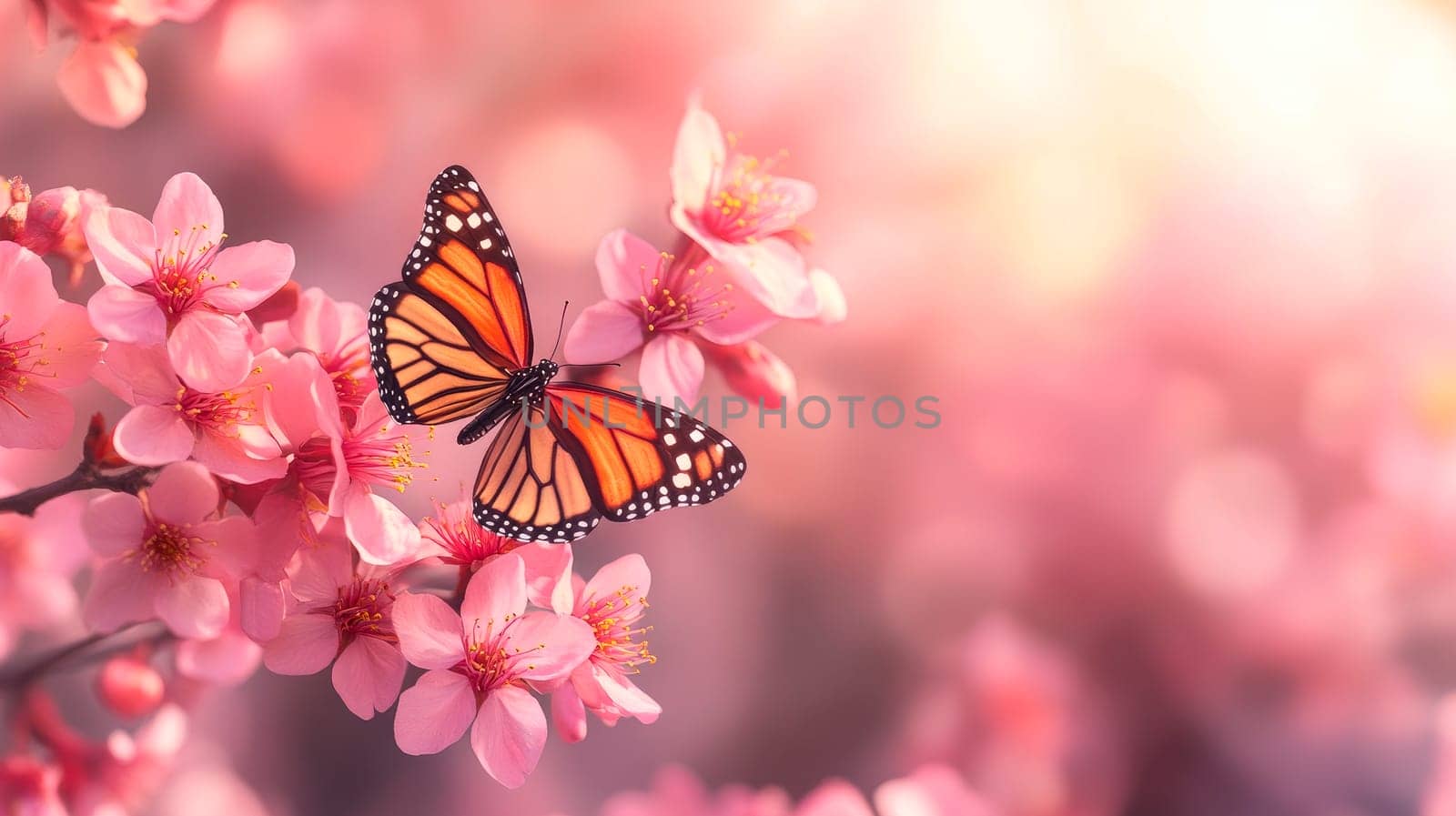 Spring landscape with pink sakura flowers in full bloom and beautiful butterfly, serene and delicate beauty of the natural world. AI generated