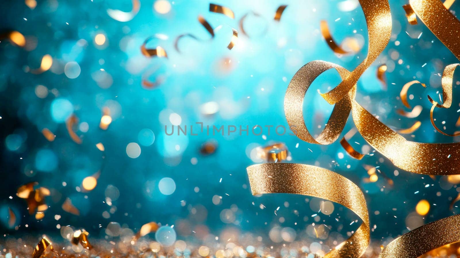 Glamorous celebration background with golden ribbons and sparkling confetti for a festive touch. AI generated