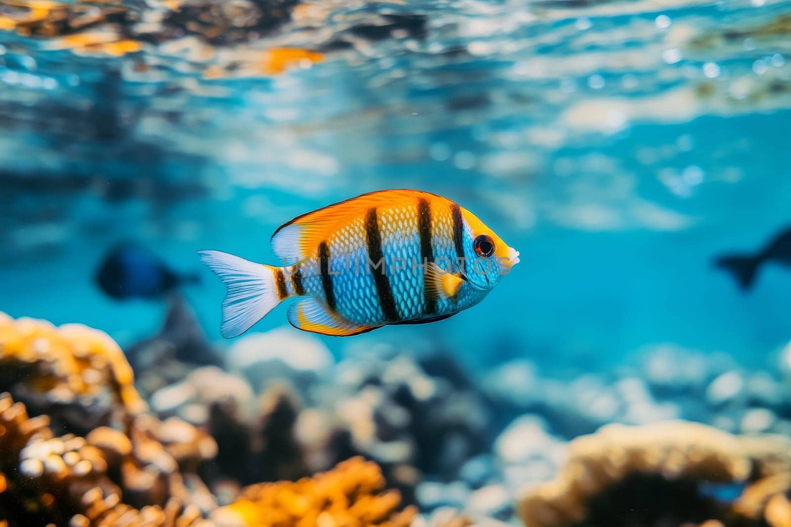 Colorful striped fish gliding through clear turquoise waters near coral.