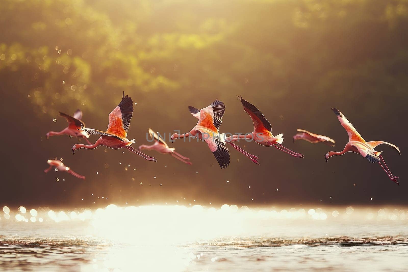 Flock of flamingos flying over shimmering water at sunset, creating a magical scene of nature in motion.