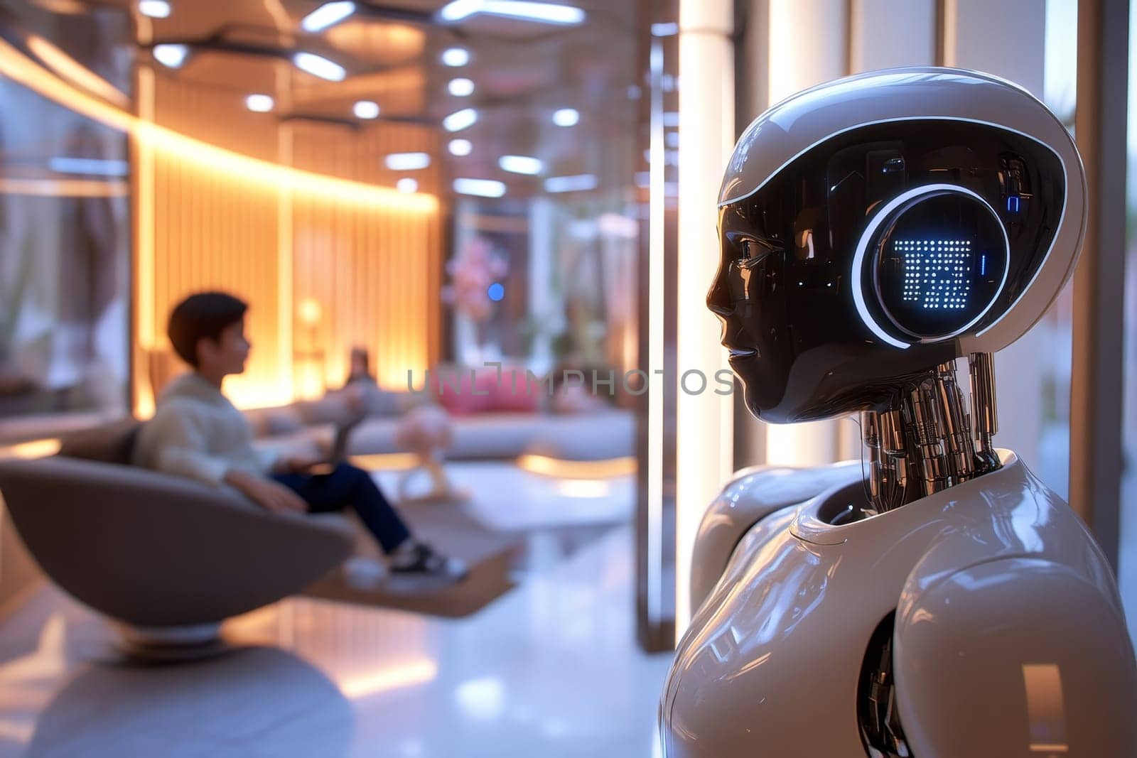 Humanoid robot with digital display face in modern interior, person sitting in background.