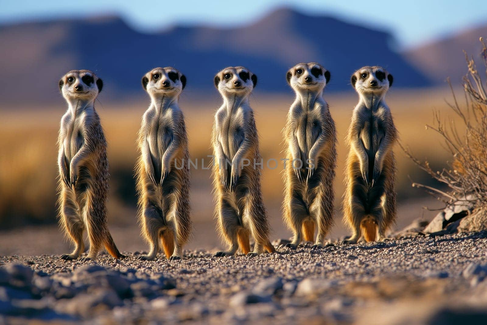 Five meerkats standing upright in a row, alert and watchful against a backdrop of desert mountains.