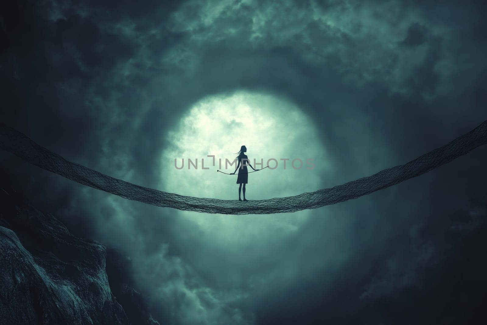 Silhouette of a figure balancing on a tightrope suspended between cliffs against a large full moon.