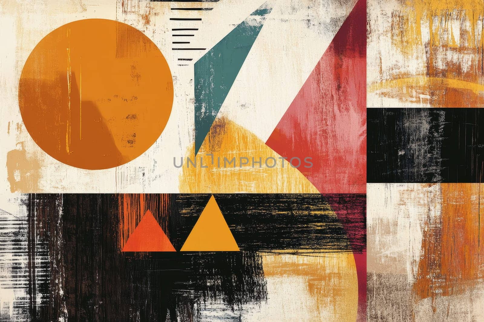 Vintage-style abstract painting with geometric shapes and distressed textures in warm earth tones.