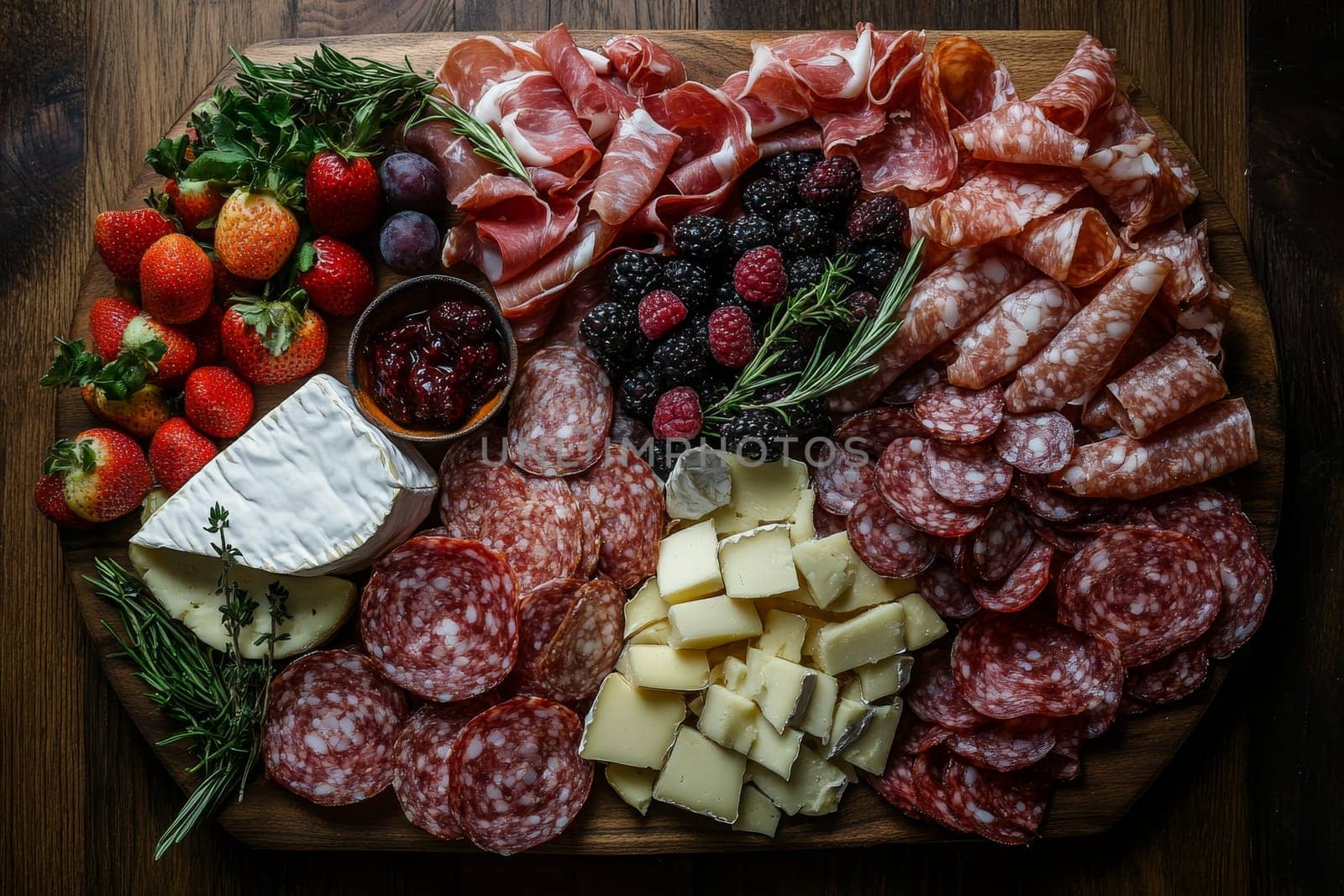 Wooden board with assorted meats, cheeses, fruits, and herbs, showcasing a variety of flavors and textures.